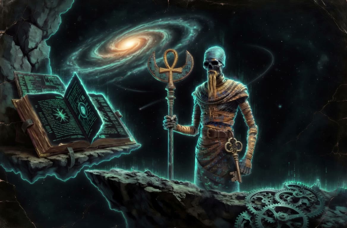 Ptah, craftsman of the engine, standing above a ruined world with ledger, staff, and key.